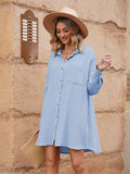 LC6113665-4-S, LC6113665-4-M, LC6113665-4-L, LC6113665-4-XL, Sky Blue Women's V Neck Long Sleeve Shirt Dress Button Down Tunic Top Casual Blouse