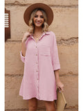 LC6113665-6-S, LC6113665-6-M, LC6113665-6-L, LC6113665-6-XL, Rose Women's V Neck Long Sleeve Shirt Dress Button Down Tunic Top Casual Blouse