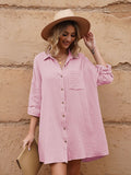 LC6113665-6-S, LC6113665-6-M, LC6113665-6-L, LC6113665-6-XL, Rose Women's V Neck Long Sleeve Shirt Dress Button Down Tunic Top Casual Blouse