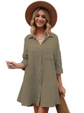 LC6113665-9-S, LC6113665-9-M, LC6113665-9-L, LC6113665-9-XL, Green Women's V Neck Long Sleeve Shirt Dress Button Down Tunic Top Casual Blouse