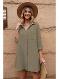 LC6113665-9-S, LC6113665-9-M, LC6113665-9-L, LC6113665-9-XL, Green Women's V Neck Long Sleeve Shirt Dress Button Down Tunic Top Casual Blouse