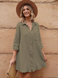 LC6113665-9-S, LC6113665-9-M, LC6113665-9-L, LC6113665-9-XL, Green Women's V Neck Long Sleeve Shirt Dress Button Down Tunic Top Casual Blouse