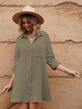 LC6113665-9-S, LC6113665-9-M, LC6113665-9-L, LC6113665-9-XL, Green Women's V Neck Long Sleeve Shirt Dress Button Down Tunic Top Casual Blouse