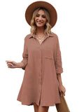 LC6113665-17-S, LC6113665-17-M, LC6113665-17-L, LC6113665-17-XL, Brown Women's V Neck Long Sleeve Shirt Dress Button Down Tunic Top Casual Blouse