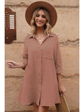 LC6113665-17-S, LC6113665-17-M, LC6113665-17-L, LC6113665-17-XL, Brown Women's V Neck Long Sleeve Shirt Dress Button Down Tunic Top Casual Blouse