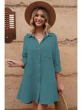 LC6113665-109-S, LC6113665-109-M, LC6113665-109-L, LC6113665-109-XL, Green Women's V Neck Long Sleeve Shirt Dress Button Down Tunic Top Casual Blouse