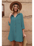 LC6113665-109-S, LC6113665-109-M, LC6113665-109-L, LC6113665-109-XL, Green Women's V Neck Long Sleeve Shirt Dress Button Down Tunic Top Casual Blouse