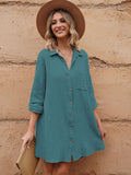 LC6113665-109-S, LC6113665-109-M, LC6113665-109-L, LC6113665-109-XL, Green Women's V Neck Long Sleeve Shirt Dress Button Down Tunic Top Casual Blouse