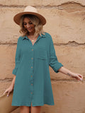 LC6113665-109-S, LC6113665-109-M, LC6113665-109-L, LC6113665-109-XL, Green Women's V Neck Long Sleeve Shirt Dress Button Down Tunic Top Casual Blouse