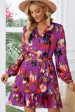 LC6113203-8-S, LC6113203-8-M, LC6113203-8-L, LC6113203-8-XL, Purple Women's Abstract Print Ruffled Drawstring High Waist Mini Dress with Belt
