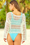 LC421654-1-S, LC421654-1-M, LC421654-1-L, White Summer Crochet Hollow Out Loose Fit Long Sleeve Swimsuit Mesh Cover Up Top