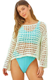 LC421654-1-S, LC421654-1-M, LC421654-1-L, White Summer Crochet Hollow Out Loose Fit Long Sleeve Swimsuit Mesh Cover Up Top