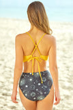 LC433588-7-XS, LC433588-7-S, LC433588-7-M, LC433588-7-L, LC433588-7-XL, Yellow Sun Moon Print Bathing Suits for Women High Waisted Hollow Out Criss-Cross Bikini Set