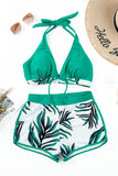 LC433633-9-XS, LC433633-9-S, LC433633-9-M, LC433633-9-L, LC433633-9-XL, Green Women's Tropical Leaf Print Halter Bikini Swimsuit with Boardshorts