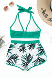 LC433633-9-XS, LC433633-9-S, LC433633-9-M, LC433633-9-L, LC433633-9-XL, Green Women's Tropical Leaf Print Halter Bikini Swimsuit with Boardshorts