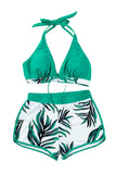 LC433633-9-XS, LC433633-9-S, LC433633-9-M, LC433633-9-L, LC433633-9-XL, Green Women's Tropical Leaf Print Halter Bikini Swimsuit with Boardshorts