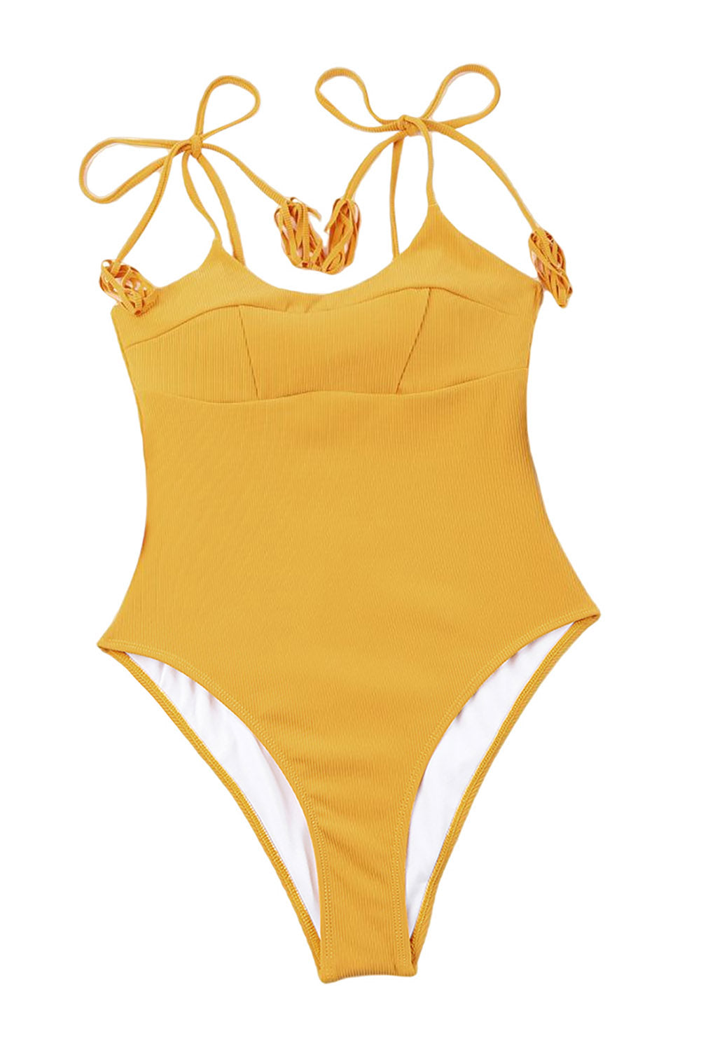 LC443450-7-S, LC443450-7-M, LC443450-7-L, LC443450-7-XL, LC443450-7-2XL, Yellow Women One Piece Swimsuit Tassel Tie Straps Ribbed Bathing Suit