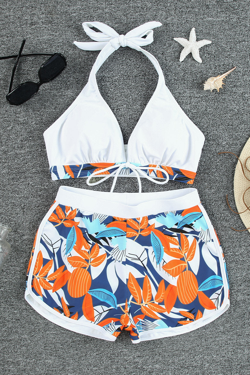 LC433633-1-XS, LC433633-1-S, LC433633-1-M, LC433633-1-L, LC433633-1-XL, White Women's Tropical Leaf Print Halter Bikini Swimsuit with Boardshorts