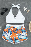LC433633-1-XS, LC433633-1-S, LC433633-1-M, LC433633-1-L, LC433633-1-XL, White Women's Tropical Leaf Print Halter Bikini Swimsuit with Boardshorts