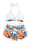LC433633-1-XS, LC433633-1-S, LC433633-1-M, LC433633-1-L, LC433633-1-XL, White Women's Tropical Leaf Print Halter Bikini Swimsuit with Boardshorts
