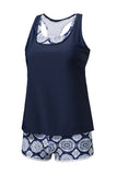 LC415772-5-S, LC415772-5-M, LC415772-5-L, LC415772-5-XL, LC415772-5-2XL, Blue 3 Piece Swimsuits for Women Printed Sporty Racerback Tankini Swimsuit