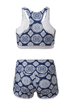 LC415772-5-S, LC415772-5-M, LC415772-5-L, LC415772-5-XL, LC415772-5-2XL, Blue 3 Piece Swimsuits for Women Printed Sporty Racerback Tankini Swimsuit