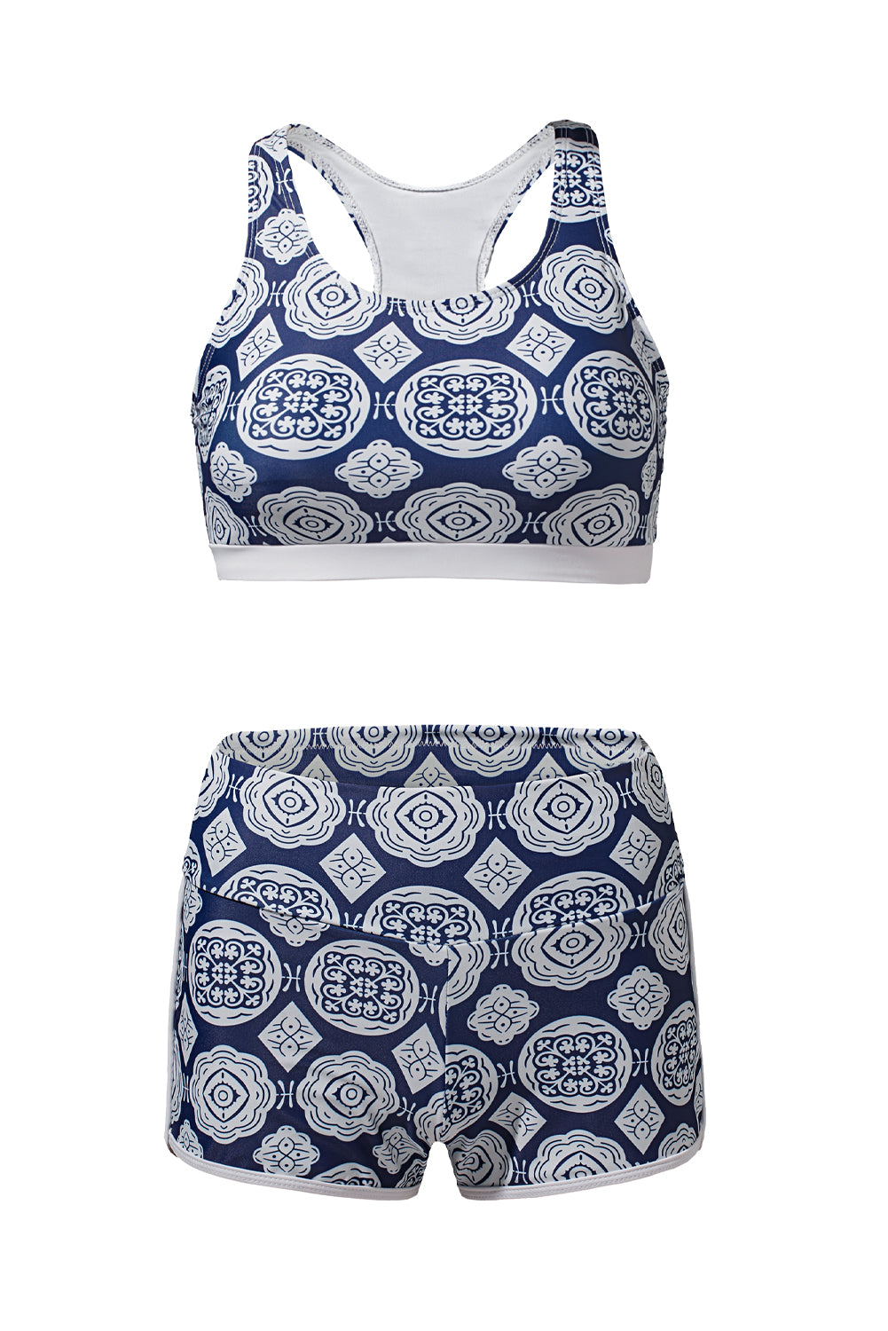 LC415772-5-S, LC415772-5-M, LC415772-5-L, LC415772-5-XL, LC415772-5-2XL, Blue 3 Piece Swimsuits for Women Printed Sporty Racerback Tankini Swimsuit