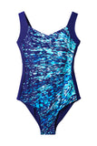 LC443354-105-S, LC443354-105-M, LC443354-105-L, LC443354-105-XL, LC443354-105-2XL, Blue Women One Piece Swimsuit Striped Pattern Print Sleeveless Bathing Suit