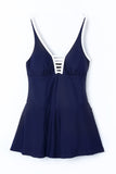 LC443469-5-S, LC443469-5-M, LC443469-5-L, LC443469-5-XL, LC443469-5-2XL, Blue Women's One Piece Swimdress Skirted Strappy V Neck Side Split One-piece Bathing Suit