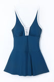 LC443469-105-S, LC443469-105-M, LC443469-105-L, LC443469-105-XL, LC443469-105-2XL, Blue Women's One Piece Swimdress Skirted Strappy V Neck Side Split One-piece Bathing Suit