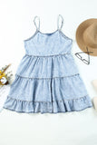 LC786389-4-S, LC786389-4-M, LC786389-4-L, LC786389-4-XL, Sky Blue Womens Casual Flowy Tiered Babydoll Denim Dress Adjustable Straps Ruffle Jean Dresses