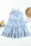 LC786389-4-S, LC786389-4-M, LC786389-4-L, LC786389-4-XL, Sky Blue Womens Casual Flowy Tiered Babydoll Denim Dress Adjustable Straps Ruffle Jean Dresses