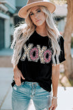 LC25219489-2-S, LC25219489-2-M, LC25219489-2-L, LC25219489-2-XL, LC25219489-2-2XL, Black XOXO Leopard Print T Shirt Valentines Day Heart Tops