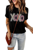LC25219489-2-S, LC25219489-2-M, LC25219489-2-L, LC25219489-2-XL, LC25219489-2-2XL, Black XOXO Leopard Print T Shirt Valentines Day Heart Tops