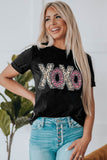 LC25219489-2-S, LC25219489-2-M, LC25219489-2-L, LC25219489-2-XL, LC25219489-2-2XL, Black XOXO Leopard Print T Shirt Valentines Day Heart Tops