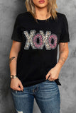 LC25219489-2-S, LC25219489-2-M, LC25219489-2-L, LC25219489-2-XL, LC25219489-2-2XL, Black XOXO Leopard Print T Shirt Valentines Day Heart Tops