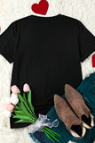 LC25219489-2-S, LC25219489-2-M, LC25219489-2-L, LC25219489-2-XL, LC25219489-2-2XL, Black XOXO Leopard Print T Shirt Valentines Day Heart Tops