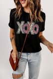 LC25219489-2-S, LC25219489-2-M, LC25219489-2-L, LC25219489-2-XL, LC25219489-2-2XL, Black XOXO Leopard Print T Shirt Valentines Day Heart Tops
