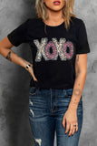 LC25219489-2-S, LC25219489-2-M, LC25219489-2-L, LC25219489-2-XL, LC25219489-2-2XL, Black XOXO Leopard Print T Shirt Valentines Day Heart Tops