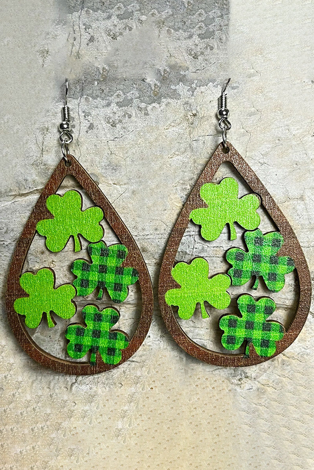 BH012326-17, Brown St. Patrick's Day Green Shamrock Clover Teardrop Earrings