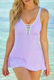 LC443469-8-S, LC443469-8-M, LC443469-8-L, LC443469-8-XL, LC443469-8-2XL, Purple Women's One Piece Swimdress Skirted Strappy V Neck Side Split One-piece Bathing Suit