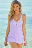 LC443469-8-S, LC443469-8-M, LC443469-8-L, LC443469-8-XL, LC443469-8-2XL, Purple Women's One Piece Swimdress Skirted Strappy V Neck Side Split One-piece Bathing Suit