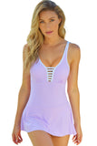 LC443469-8-S, LC443469-8-M, LC443469-8-L, LC443469-8-XL, LC443469-8-2XL, Purple Women's One Piece Swimdress Skirted Strappy V Neck Side Split One-piece Bathing Suit