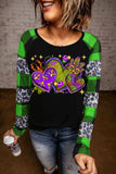 LC25119909-9-S, LC25119909-9-M, LC25119909-9-L, LC25119909-9-XL, LC25119909-9-2XL, Green Mardi Gras Heart Shaped Graphic Leopard Plaid Splicing Carnival Long Sleeve Top