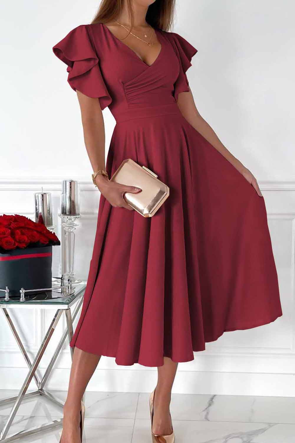 LC6110363-3-S, LC6110363-3-M, LC6110363-3-L, LC6110363-3-XL, LC6110363-3-2XL, Red Womens V Neck Ruffle Sleeve Wrap Dress Midi Dress Cocktail Party Dress