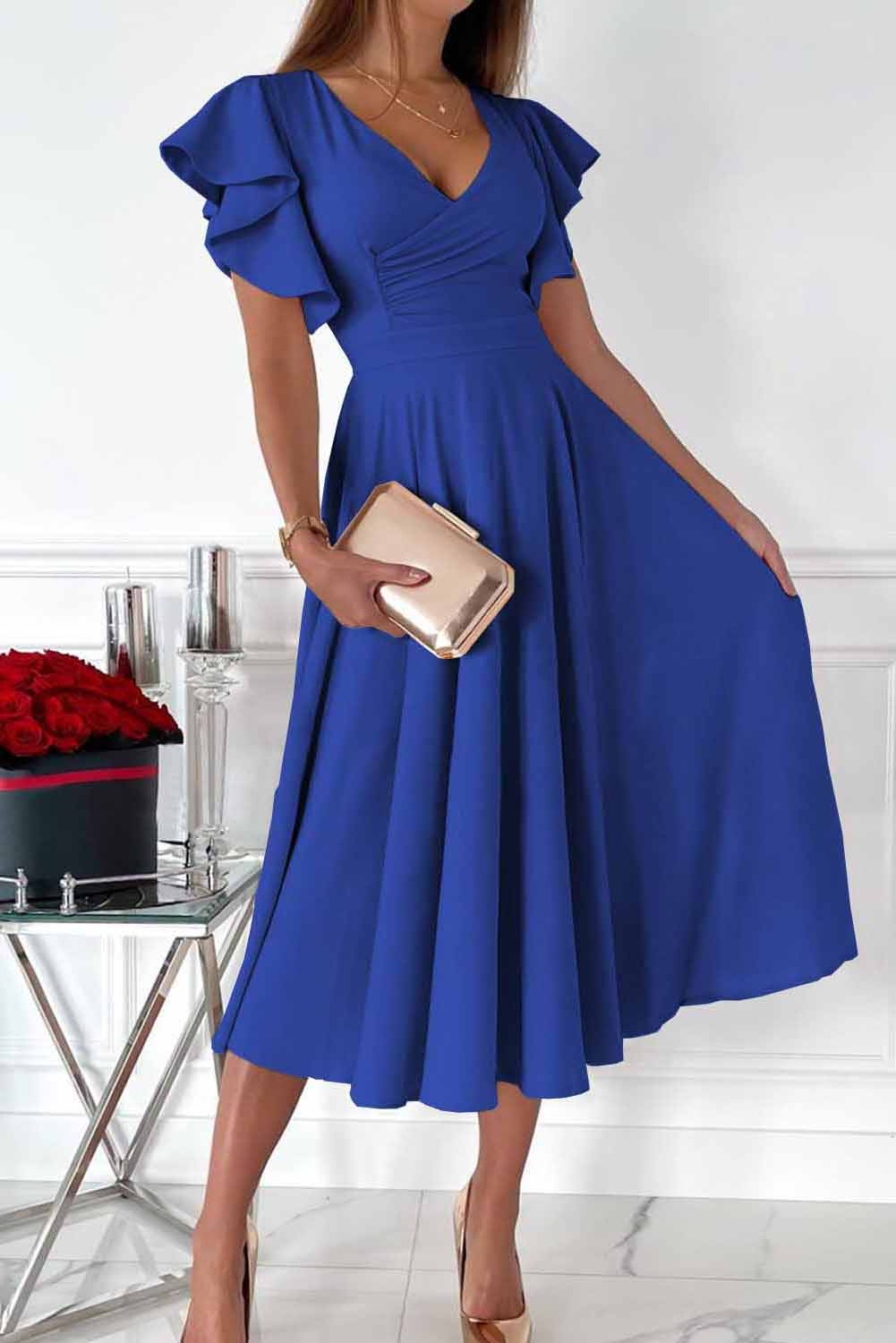 LC6110363-5-S, LC6110363-5-M, LC6110363-5-L, LC6110363-5-XL, LC6110363-5-2XL, Blue Womens V Neck Ruffle Sleeve Wrap Dress Midi Dress Cocktail Party Dress