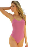 LC443450-10-S, LC443450-10-M, LC443450-10-L, LC443450-10-XL, LC443450-10-2XL, Pink Women One Piece Swimsuit Tassel Tie Straps Ribbed Bathing Suit