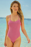 LC443450-10-S, LC443450-10-M, LC443450-10-L, LC443450-10-XL, LC443450-10-2XL, Pink Women One Piece Swimsuit Tassel Tie Straps Ribbed Bathing Suit