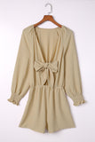 LC643624-15-S, LC643624-15-M, LC643624-15-L, LC643624-15-XL, LC643624-15-2XL, Beige Women's Sexy V Neck Jumpsuits Chiffon Tie Knot Front Puff Long Sleeve Romper