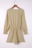 LC643624-15-S, LC643624-15-M, LC643624-15-L, LC643624-15-XL, LC643624-15-2XL, Beige Women's Sexy V Neck Jumpsuits Chiffon Tie Knot Front Puff Long Sleeve Romper